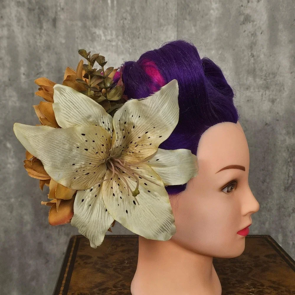 Handmade Chrysanthemum‎ & Lily Hair Flower Clip Fascinator Pinup Rockabilly Tiki